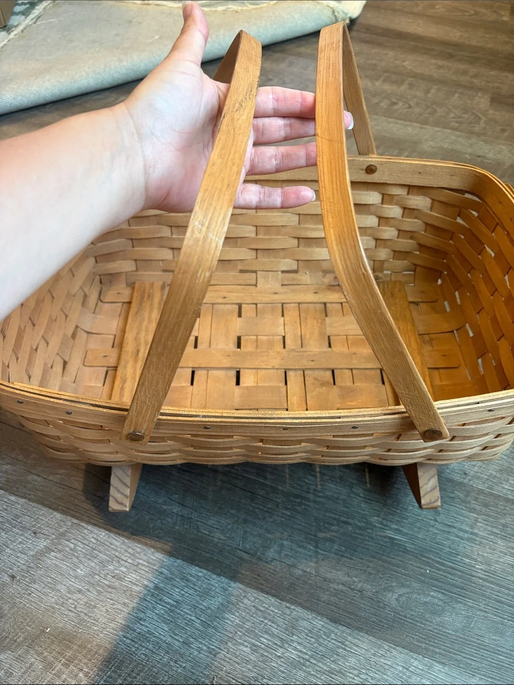 Longaberger Rocking Cradle Basket Brown Woven Handles 9”H